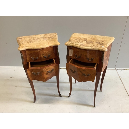 1172 - A pair of Louis XVI style marquetry inlaid gilt metal mounted kingwood marble top bedside cabinets, ... 