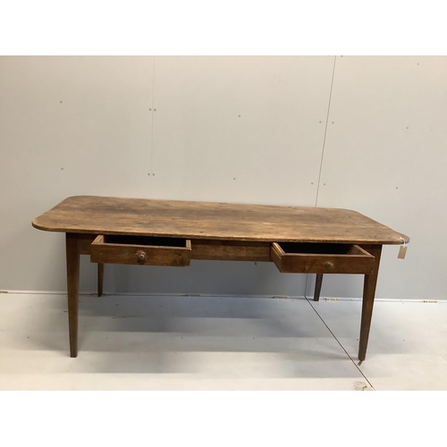 1176 - A 19th century French rectangular fruitwood kitchen table, width 200cm, depth 88cm, height 72cm. Con... 