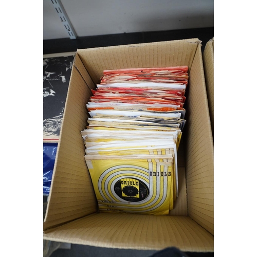 1293 - Three boxes of 7 singles on labels including; Oriole, Polydor, Liberty, Piccadilly, Mercury, etc. a... 