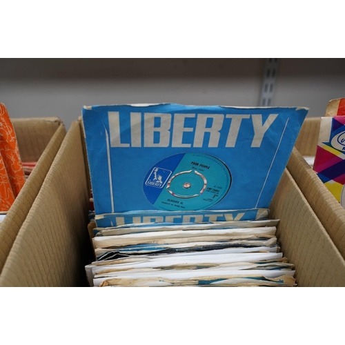 1293 - Three boxes of 7 singles on labels including; Oriole, Polydor, Liberty, Piccadilly, Mercury, etc. a... 