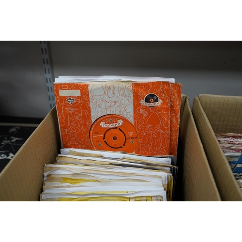 1293 - Three boxes of 7 singles on labels including; Oriole, Polydor, Liberty, Piccadilly, Mercury, etc. a... 