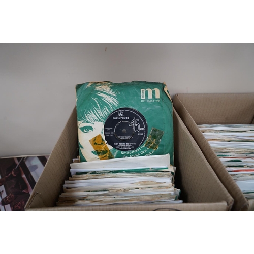 1307 - Three boxes of 7 singles on Parlophone and Pye labels, artists including; The Sweet, Orange Bicycle... 