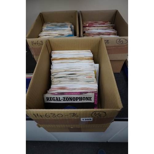 1309 - Three boxes of 7 singles on London, RCA, United Artists, Warner Brothers, Regal, Reprise, etc. labe... 