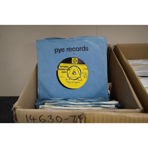 1311 - Three boxes of 7 singles on Piccadilly, Rare Earth, Reaction, Red Bird, Pye, Vertigo, etc. labels, ... 