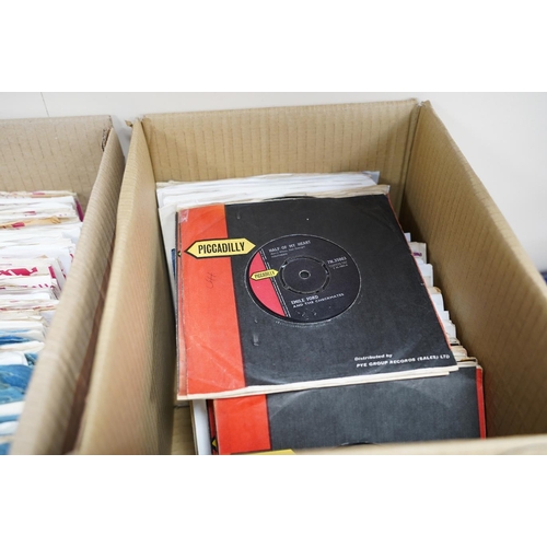 1311 - Three boxes of 7 singles on Piccadilly, Rare Earth, Reaction, Red Bird, Pye, Vertigo, etc. labels, ... 