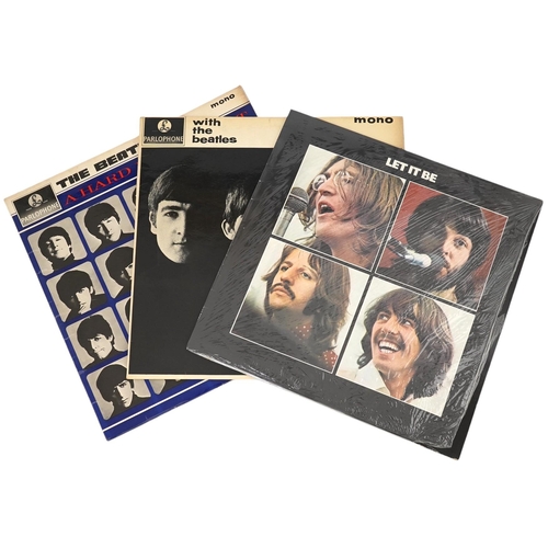 1321 - Three The Beatles LP record albums; Let It Be, PCS7096, With The Beatles, PMC 1206, XEX 447-1N, A Ha... 