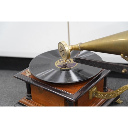 1359 - An early 20th century His Masters Voice mahogany and ebonised gramophone with brass horn, base 29 ... 