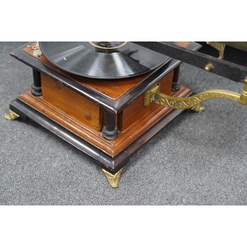 1359 - An early 20th century His Masters Voice mahogany and ebonised gramophone with brass horn, base 29 ... 