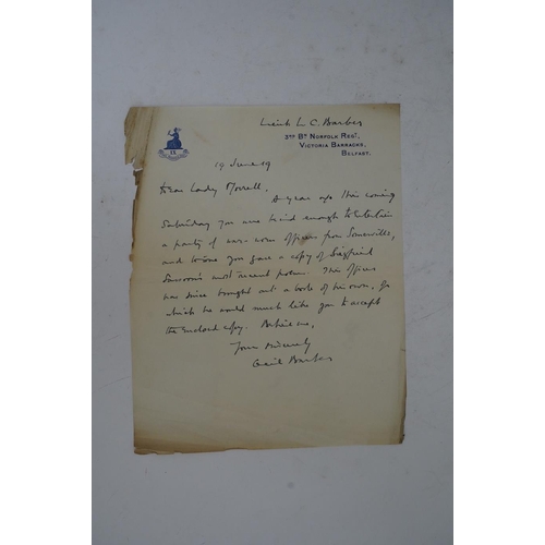 1369 - Letter from First World War soldier Leonard Cecil Barber on Norfolk Regiment headed paper, to Lady O... 