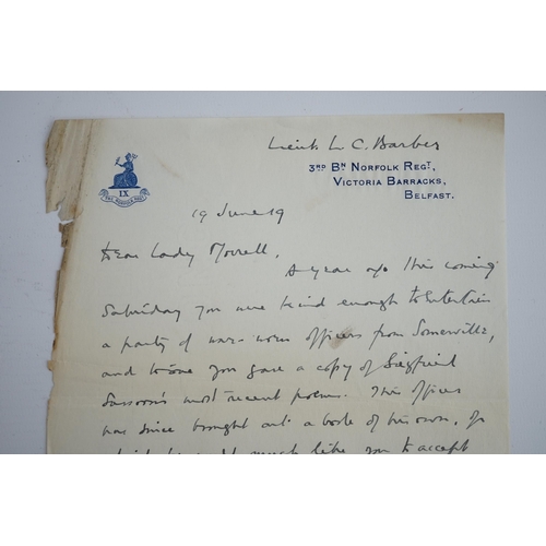 1369 - Letter from First World War soldier Leonard Cecil Barber on Norfolk Regiment headed paper, to Lady O... 