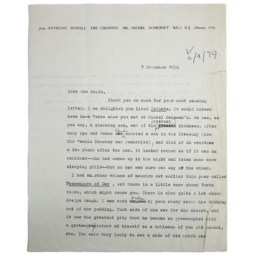 1378 - Anthony Powell (1905-2000). Typed letter with handwritten amendments and full signature, to a Mrs Ho... 