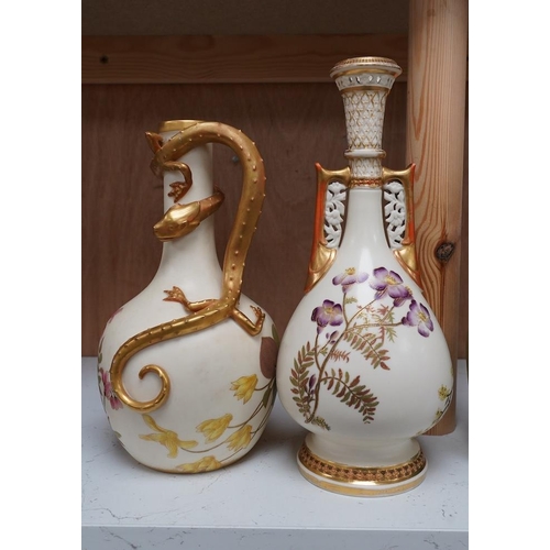 1404 - Two Worcester ivory ground vases, shape numbers 942 and 260, tallest 25.5cm. Condition - poor to fai... 