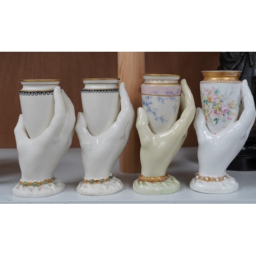 1409 - A pair and two other Worcester Harleys hand vases, 15cm. Condition - fair to good, singular rose ... 