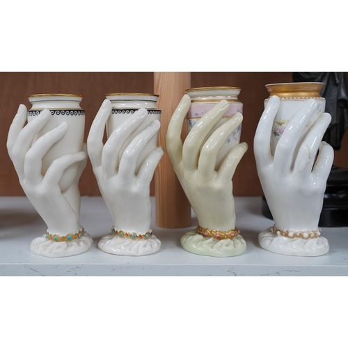 1409 - A pair and two other Worcester Harleys hand vases, 15cm. Condition - fair to good, singular rose ... 