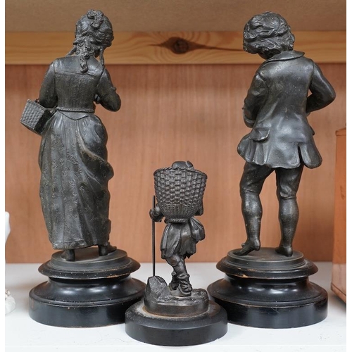 1410 - A Victorian bronze figure of a man carrying basket and a pair spelter figures, 32cm. Condition - fai... 