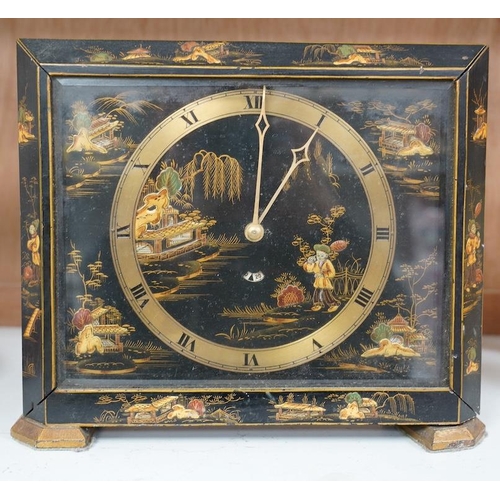 1413 - An Art Deco chinoiserie japanned mantel clock, with Smiths electric movement, 23cm tall. Condition -... 