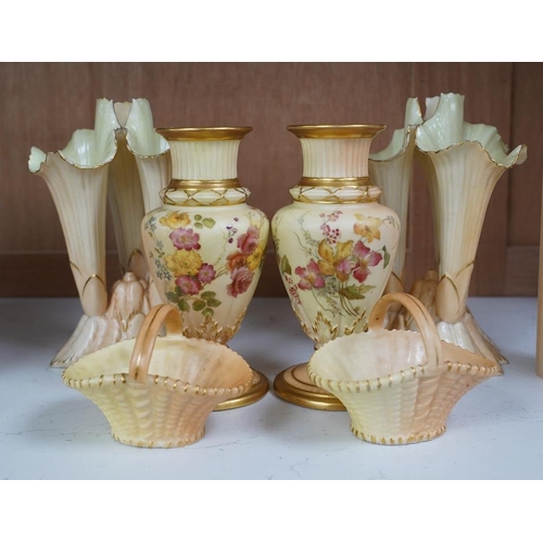 1414 - A pair of Worcester vases, shape number 1730, a pair of similar baskets and a pair of Locke & Co. Wo... 