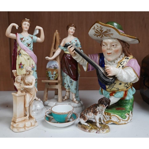 1416 - A 19th century French Mansion House Dwarf, a pair of Volkstedt figures, a Meissen dog, cup and sauce... 