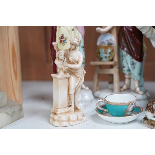 1416 - A 19th century French Mansion House Dwarf, a pair of Volkstedt figures, a Meissen dog, cup and sauce... 