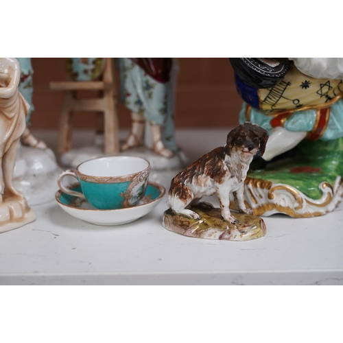 1416 - A 19th century French Mansion House Dwarf, a pair of Volkstedt figures, a Meissen dog, cup and sauce... 