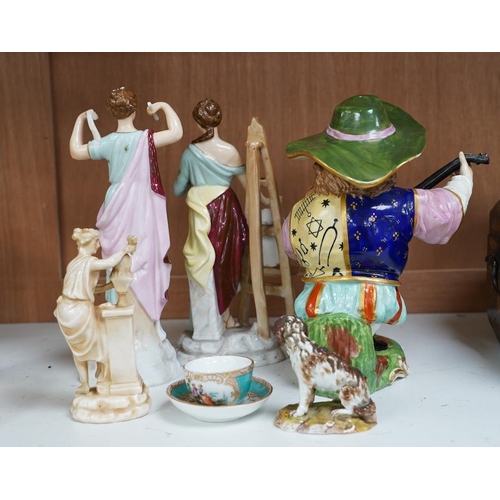 1416 - A 19th century French Mansion House Dwarf, a pair of Volkstedt figures, a Meissen dog, cup and sauce... 