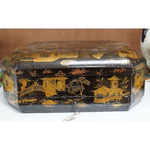 1417 - A 19th century Chinese lacquered sewing box, 33.5cm wide. Condition - fair, generally worn