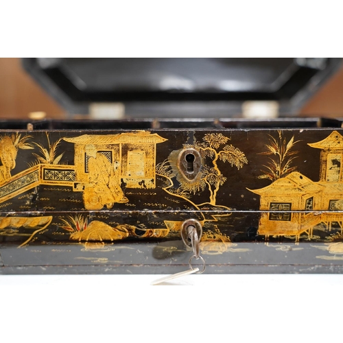 1417 - A 19th century Chinese lacquered sewing box, 33.5cm wide. Condition - fair, generally worn