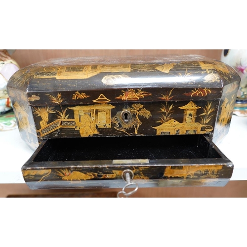 1417 - A 19th century Chinese lacquered sewing box, 33.5cm wide. Condition - fair, generally worn