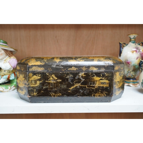 1417 - A 19th century Chinese lacquered sewing box, 33.5cm wide. Condition - fair, generally worn