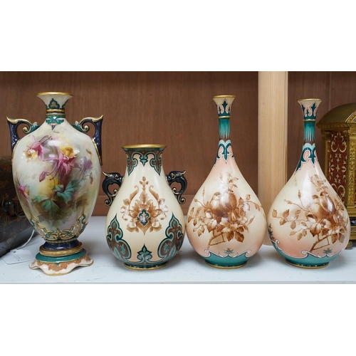 1418 - Hadley's Worcester: a pair of vases and two others, tallest 21.5cm. Condition - mostly good, largest... 