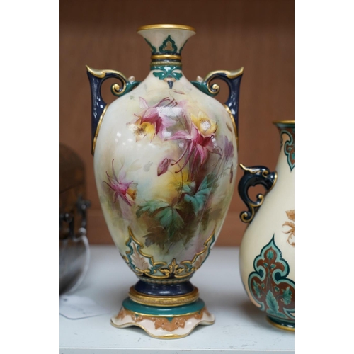 1418 - Hadley's Worcester: a pair of vases and two others, tallest 21.5cm. Condition - mostly good, largest... 