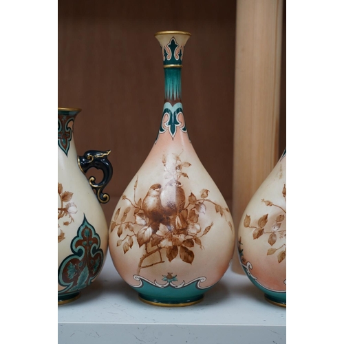 1418 - Hadley's Worcester: a pair of vases and two others, tallest 21.5cm. Condition - mostly good, largest... 