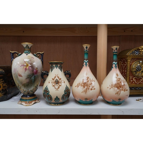 1418 - Hadley's Worcester: a pair of vases and two others, tallest 21.5cm. Condition - mostly good, largest... 