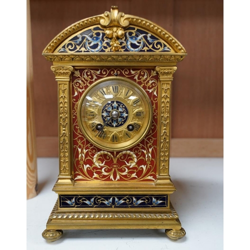 1419 - A late 19th century French champlevé enamel mantel clock, 22cm. Condition - good but with wear to di... 