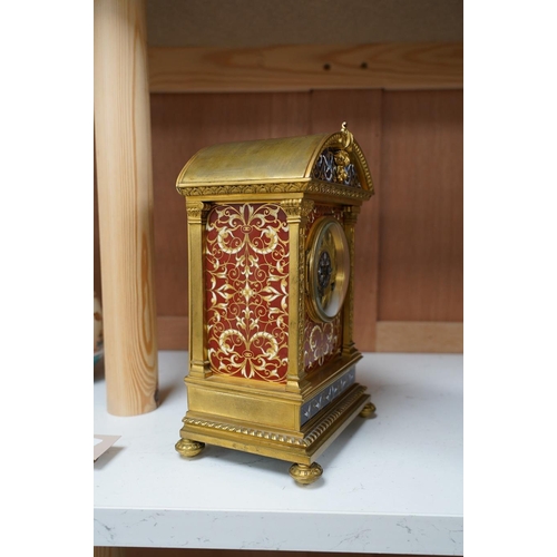 1419 - A late 19th century French champlevé enamel mantel clock, 22cm. Condition - good but with wear to di... 