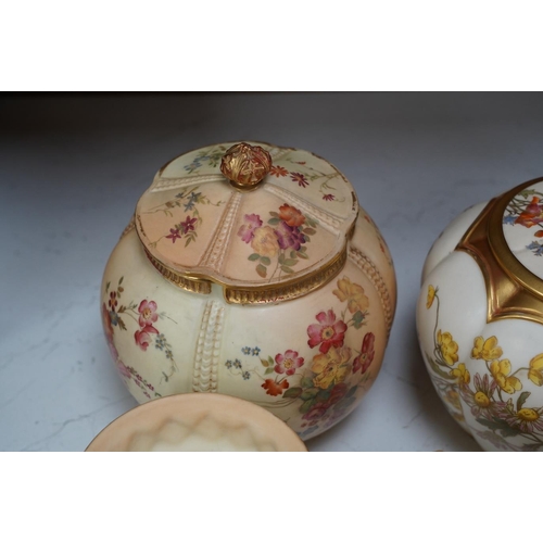 1426 - Two Worcester blush ivory biscuit jars and covers, numbers 1412 and 1796, a shell dish, number 971 a... 