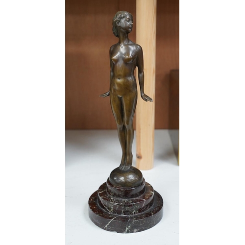 1429 - Lissy Eckart (German, 1891-1974), bronze, standing female nude, on marble base, 35cm. Condition - fa... 