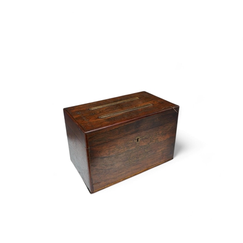 1437 - A George IV cut brass inlaid rosewood letters box, satinwood interior, 23cm wide. Condition - fair... 