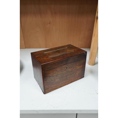 1437 - A George IV cut brass inlaid rosewood letters box, satinwood interior, 23cm wide. Condition - fair... 