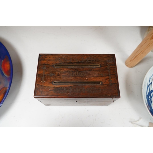 1437 - A George IV cut brass inlaid rosewood letters box, satinwood interior, 23cm wide. Condition - fair... 