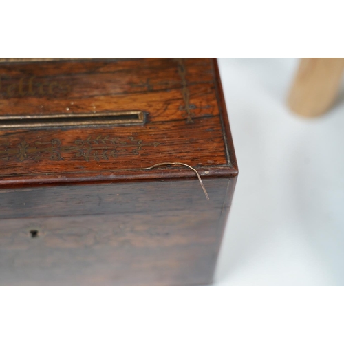 1437 - A George IV cut brass inlaid rosewood letters box, satinwood interior, 23cm wide. Condition - fair... 