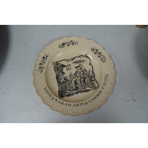 1438 - A George III  documentary creamware plate, printed by Sadler, black enamelled inscription John and ... 