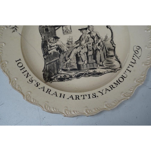 1438 - A George III  documentary creamware plate, printed by Sadler, black enamelled inscription John and ... 