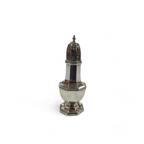 1838 - A George V octagonal silver sugar caster, Walker & Hall, Sheffield, 1915, 21cm, 6.4oz. Condition - p... 