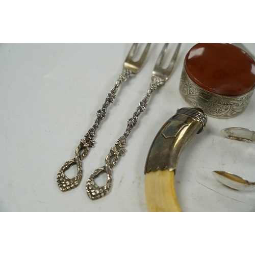 1842 - A 19th century white metal mounted tusk vinaigrette? (lacking grille), 11cm and a small quantity of ... 