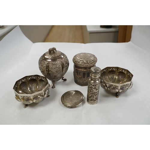 1845 - A pair of Indian pierced cusped white metal bowls, diameter 84mm, three other Indian white metal can... 