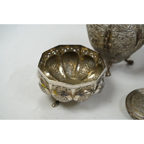 1845 - A pair of Indian pierced cusped white metal bowls, diameter 84mm, three other Indian white metal can... 