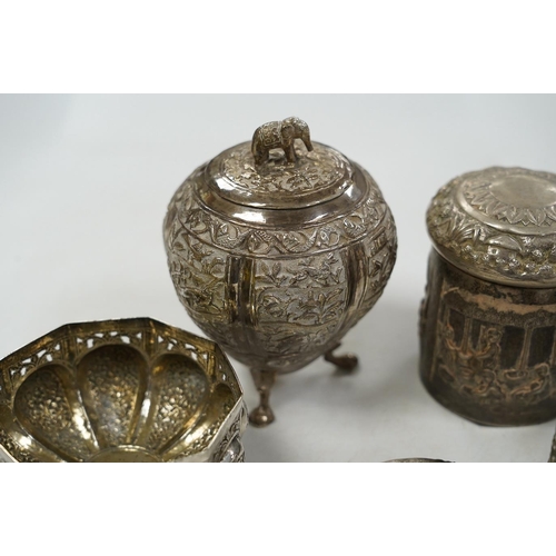 1845 - A pair of Indian pierced cusped white metal bowls, diameter 84mm, three other Indian white metal can... 