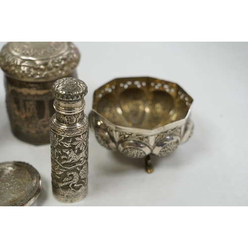 1845 - A pair of Indian pierced cusped white metal bowls, diameter 84mm, three other Indian white metal can... 