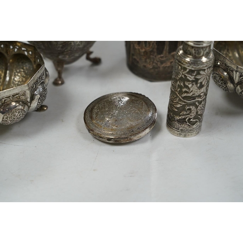 1845 - A pair of Indian pierced cusped white metal bowls, diameter 84mm, three other Indian white metal can... 